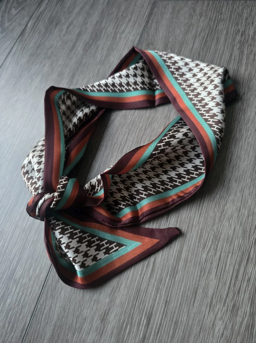 Skinny Silky Twilly Scarf Houndstooth Brown Teal Rust Neck Hair Bag Ribbon Wrap